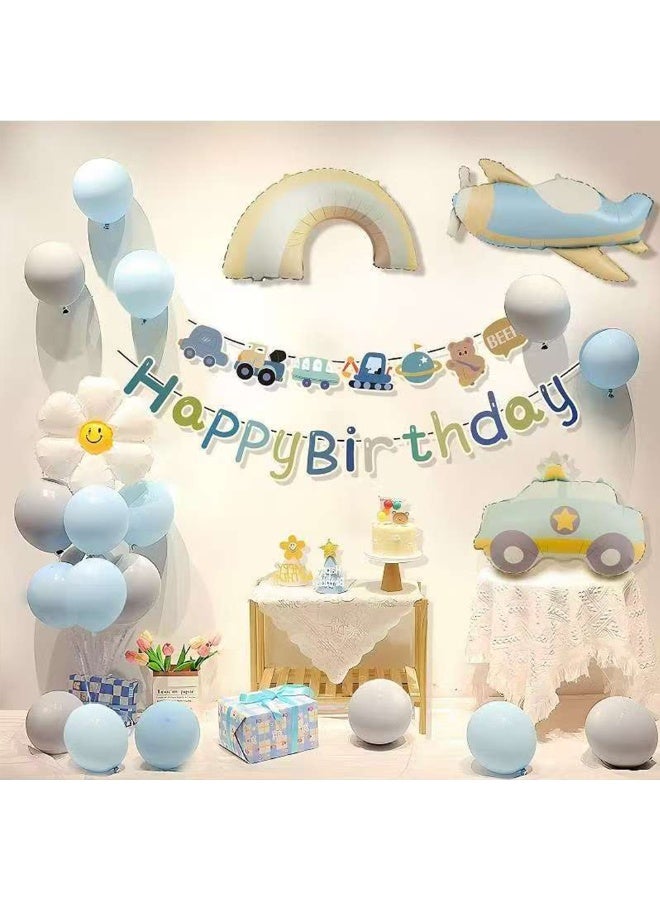 Cute Vehicle Car Balloon Set with Happy Birthday Banner,Cake Topper,Perfect for Graduation Baby Shower Birthday Party Backdrop - Image 1
